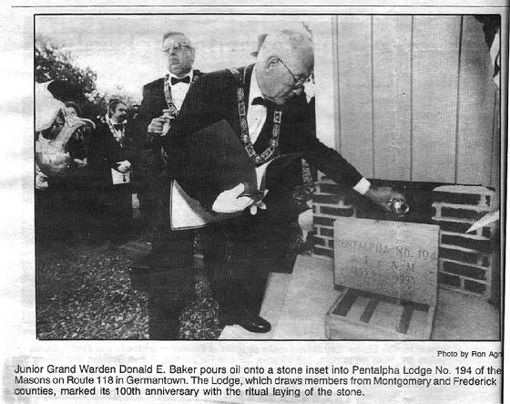 Masons laying the cornerstone of the Pentalpha Lodge #194 masonic temple in Germantown, Maryland